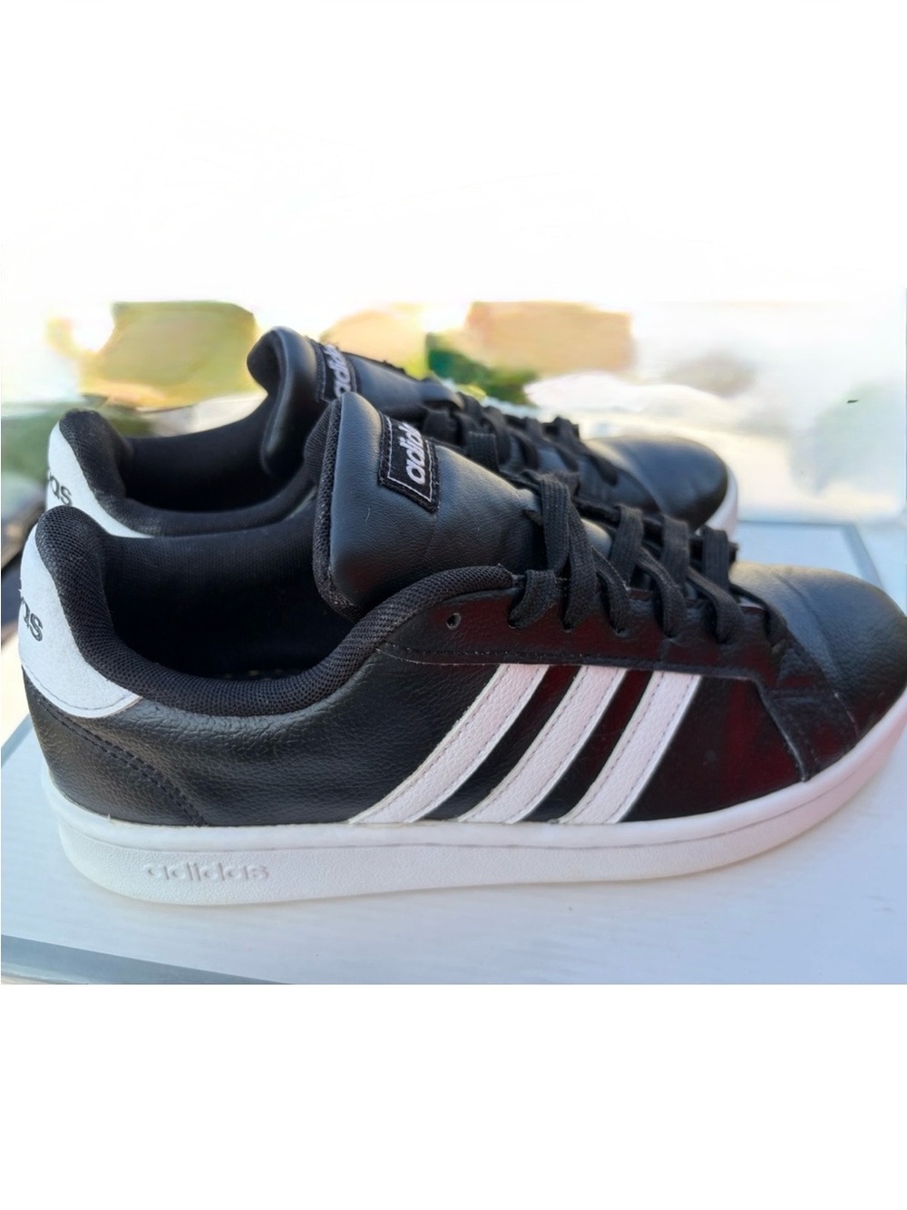 Adidas Black Leather w/ White Stripes Sneakers Mens US 8 womens size 9.5 / 10